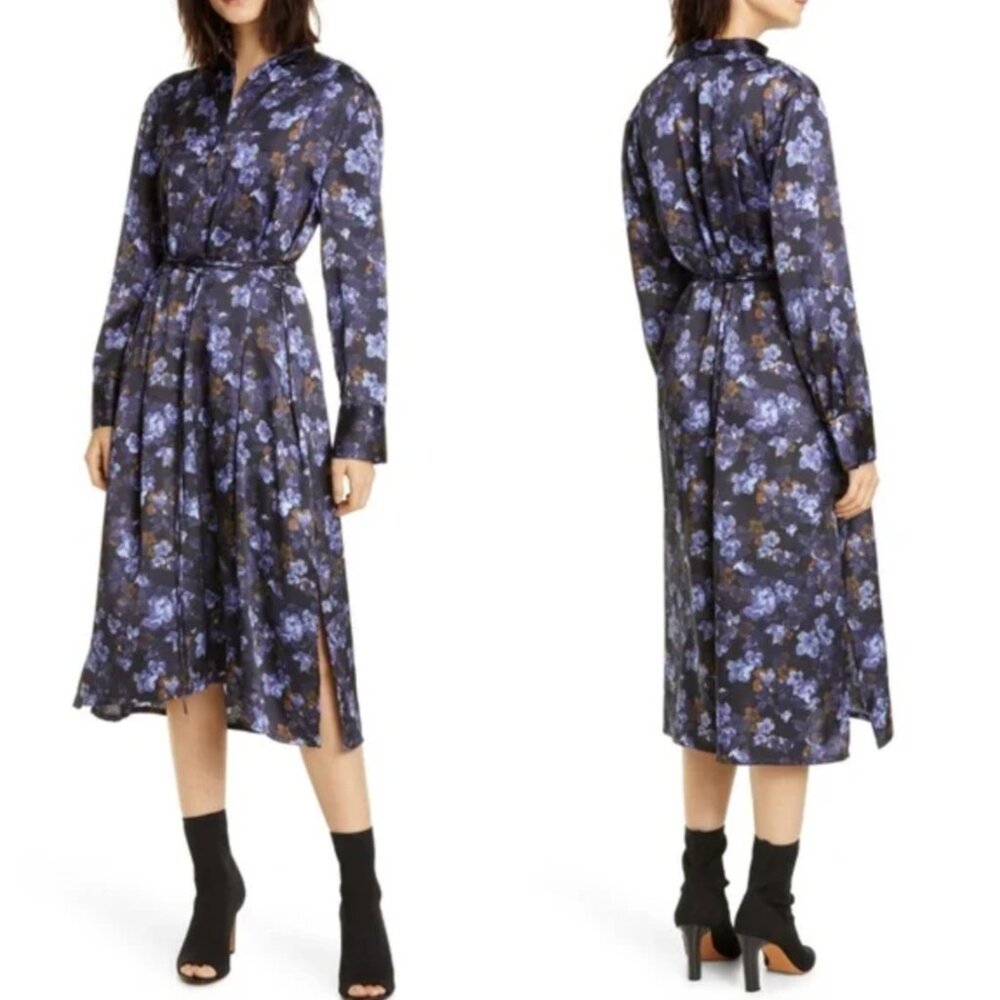 Vince Plumeria Blooms Belted Floral-print Hammered-satin Midi Shirt Dress